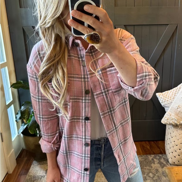 New Plaid Pink Stripe Oversized Flannel Top Shacket Button Front Shirt Top - Picture 9 of 9